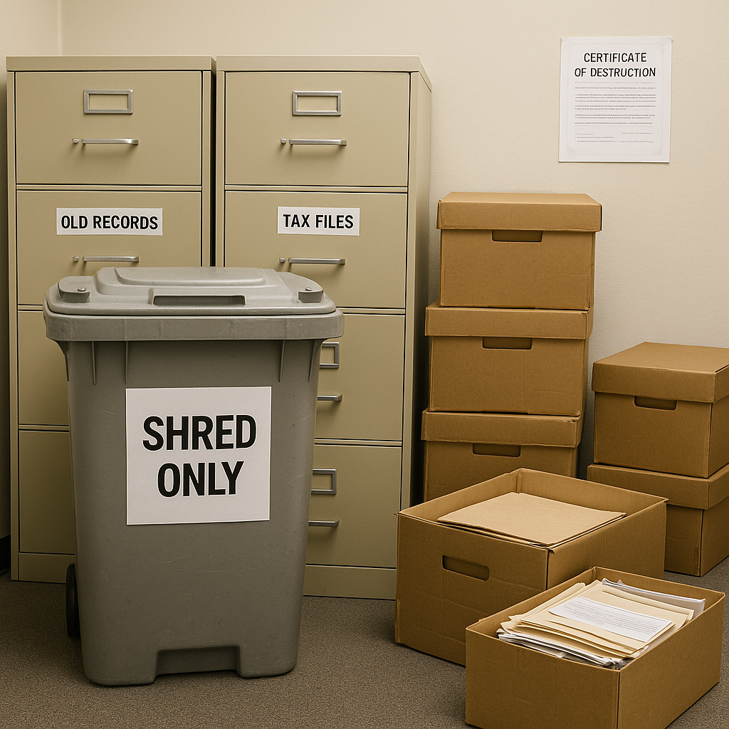 An area in an office with old records, tax files,